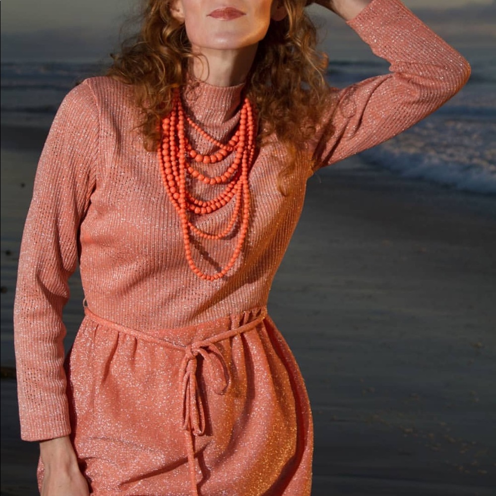 Vintage sparkling old Hollywood style maxi dress. Orange-pink